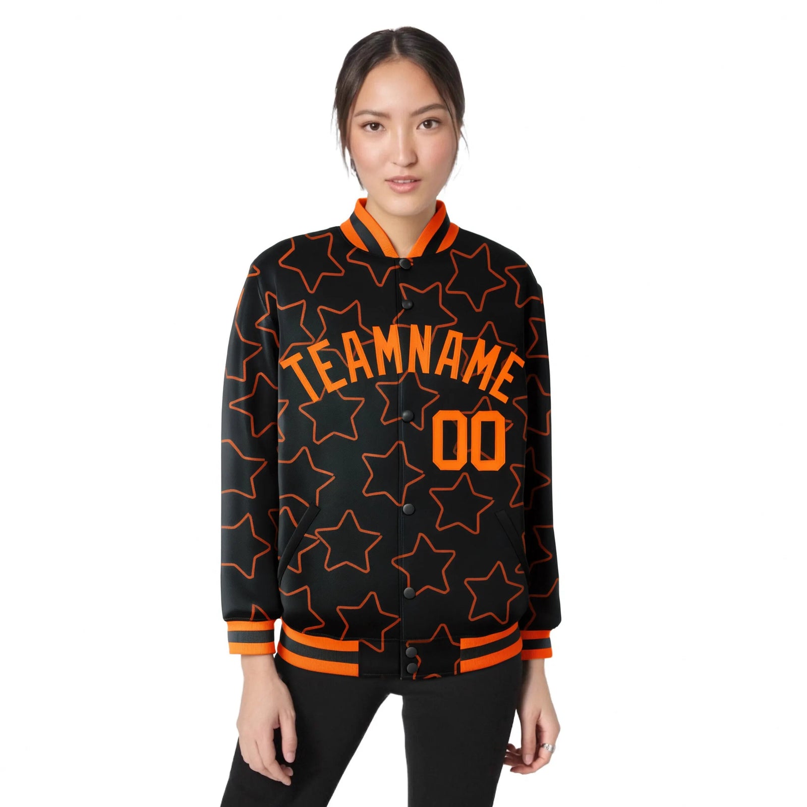 Custom Black Orange Varsity Full-Snap Star Pattern Letterman Baseball Jacket