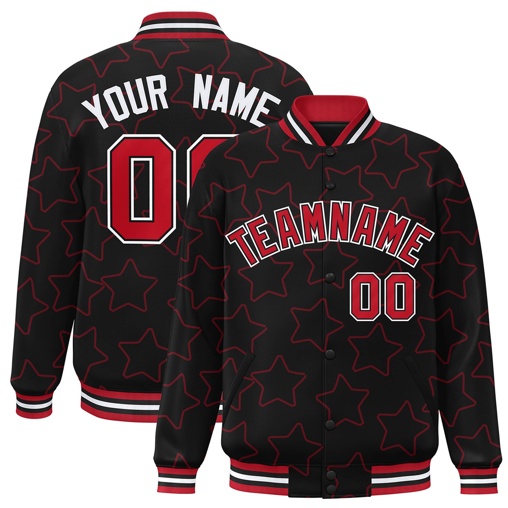 Custom Black Red-White Varsity Full-Snap Star Pattern Letterman Baseball Jacket