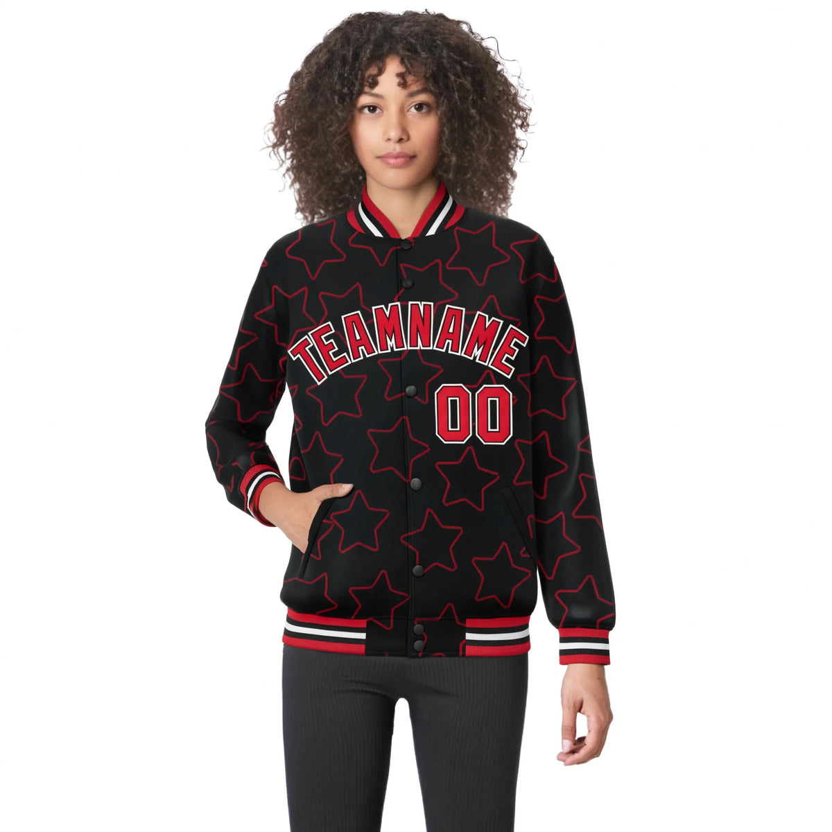 Custom Black Red-White Varsity Full-Snap Star Pattern Letterman Baseball Jacket
