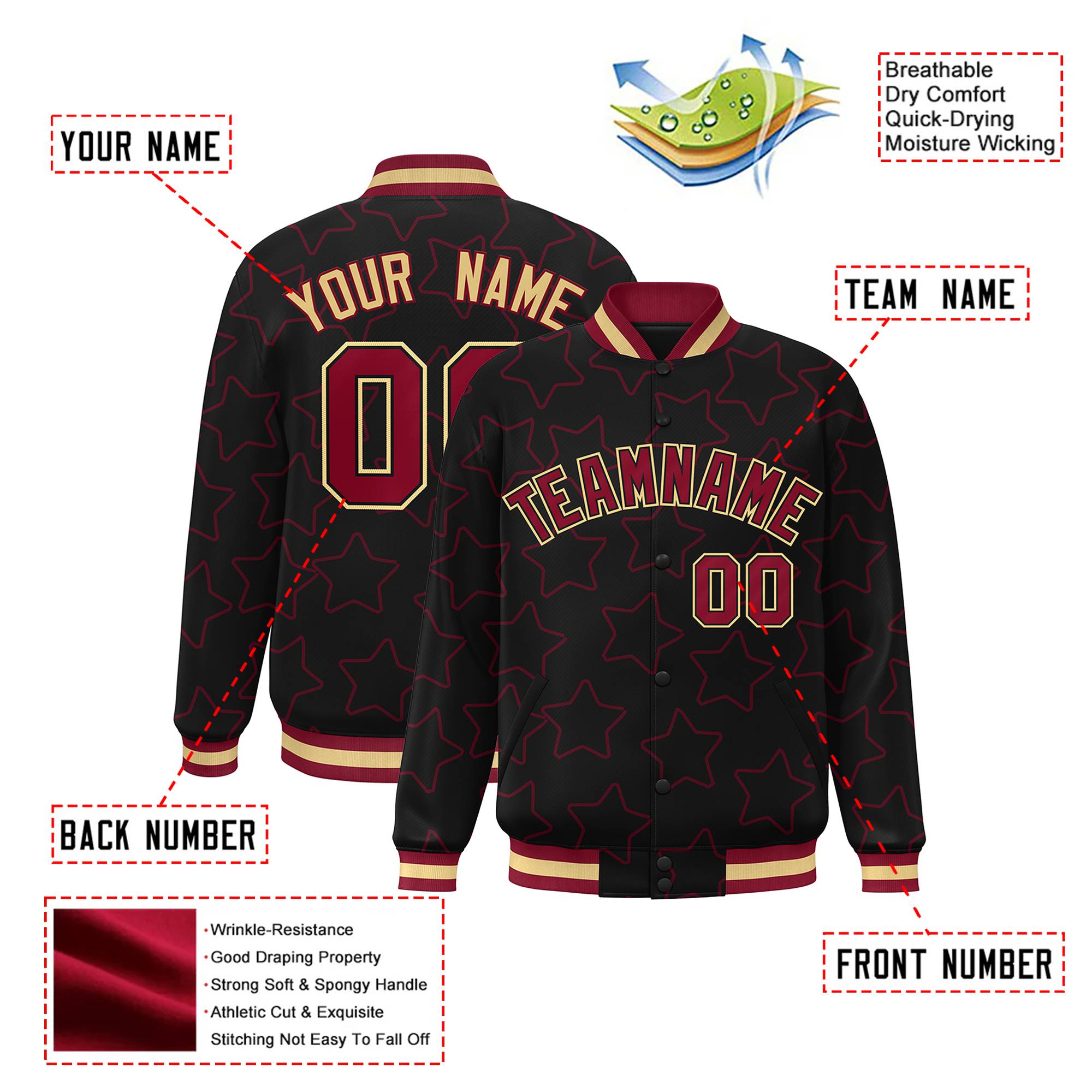 Custom Black Red-Old Gold Varsity Full-Snap Star Pattern Letterman Baseball Jacket