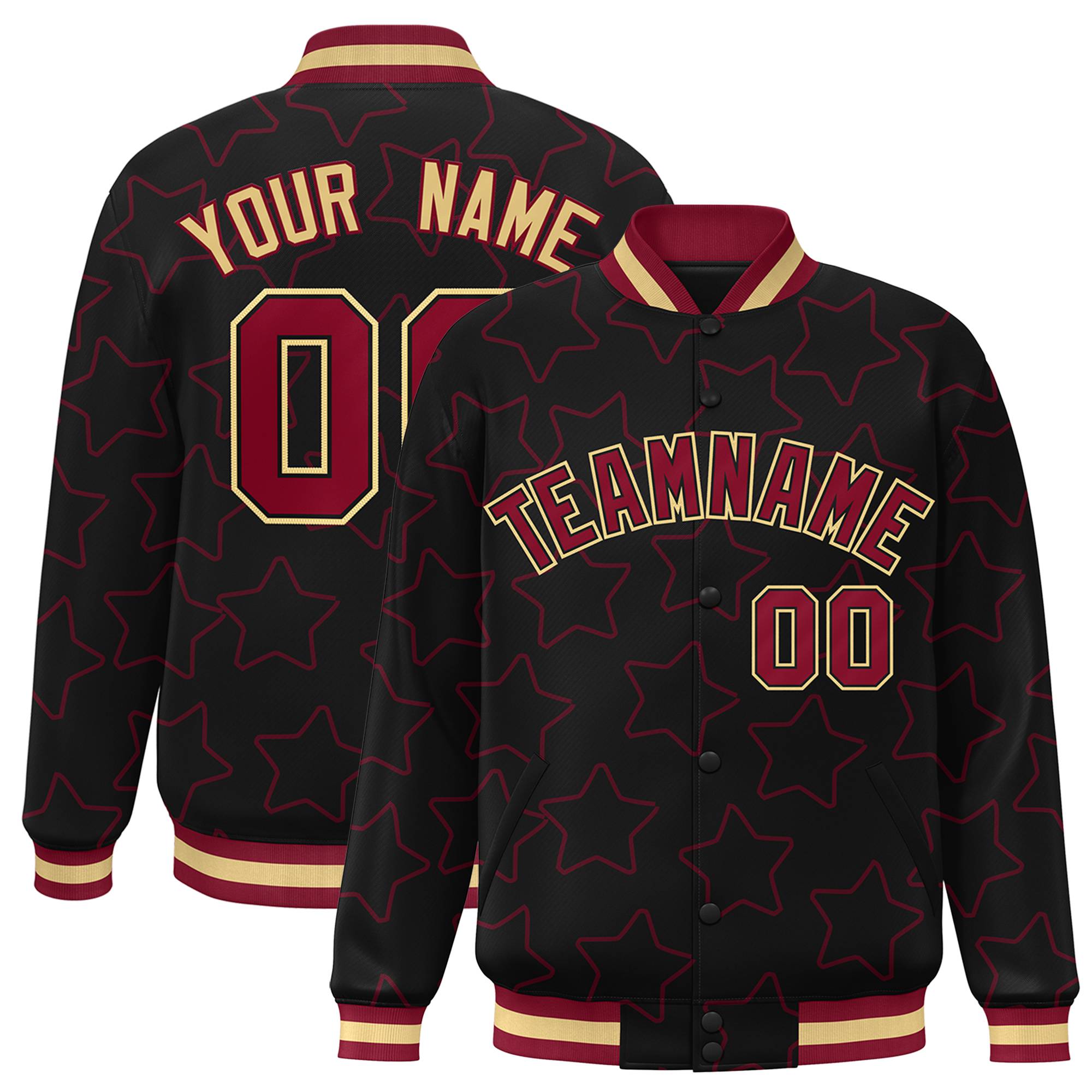 Custom Black Red-Old Gold Varsity Full-Snap Star Pattern Letterman Baseball Jacket