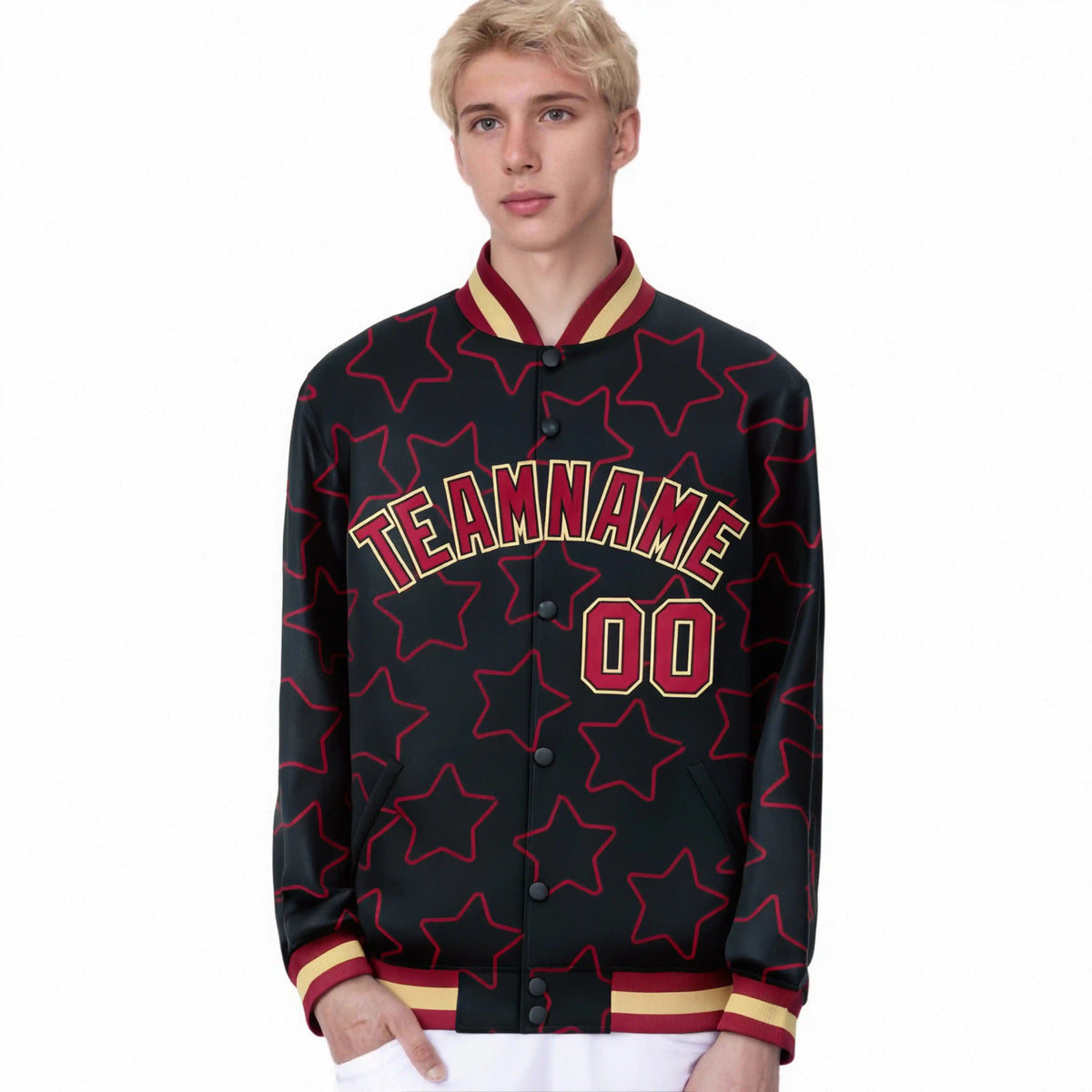 Custom Black Red-Old Gold Varsity Full-Snap Star Pattern Letterman Baseball Jacket