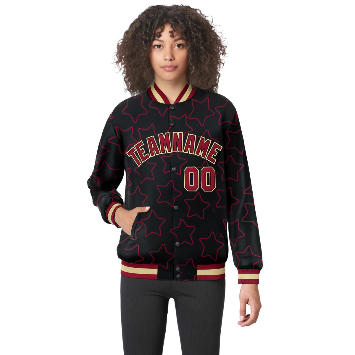 Custom Black Red-Old Gold Varsity Full-Snap Star Pattern Letterman Baseball Jacket
