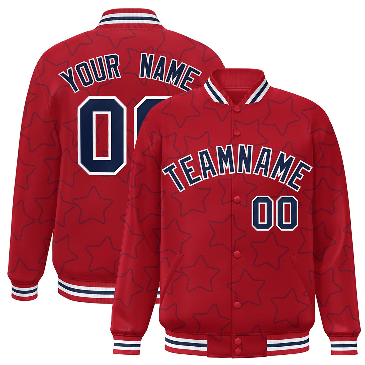 Custom Red Navy-White Varsity Full-Snap Star Pattern Letterman Baseball Jacket