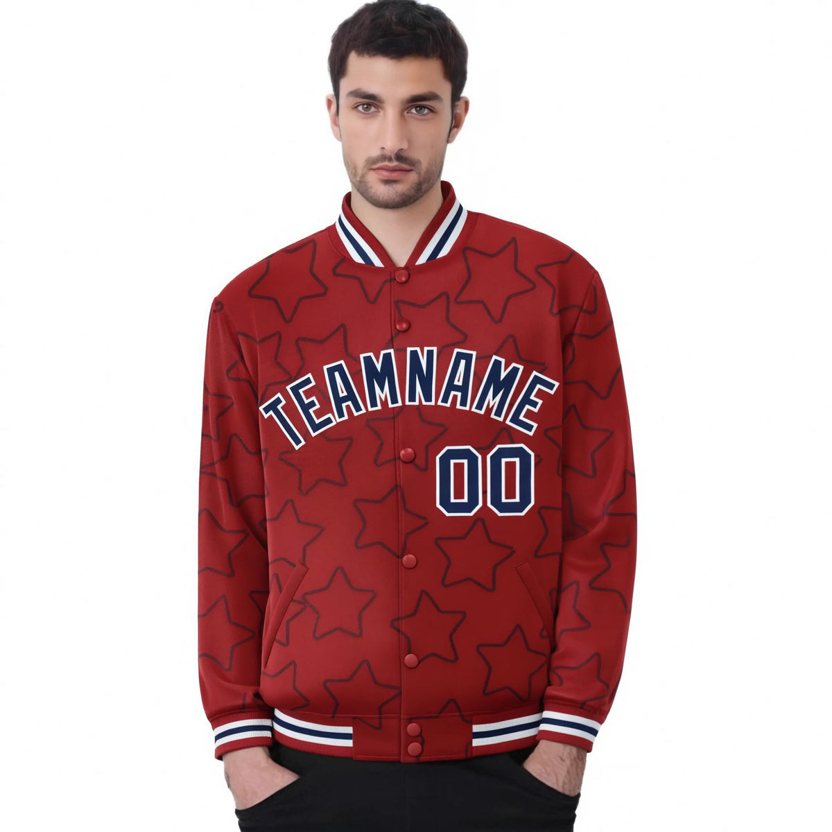 Custom Red Navy-White Varsity Full-Snap Star Pattern Letterman Baseball Jacket