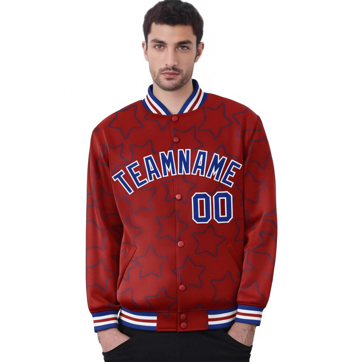 Custom Red Royal Blue-White Varsity Full-Snap Star Pattern Letterman Baseball Jacket