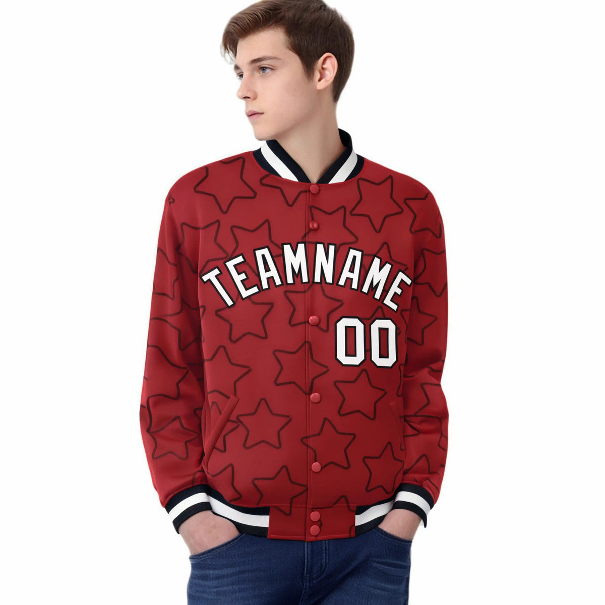 Custom Red White-Black Varsity Full-Snap Star Pattern Letterman Baseball Jacket
