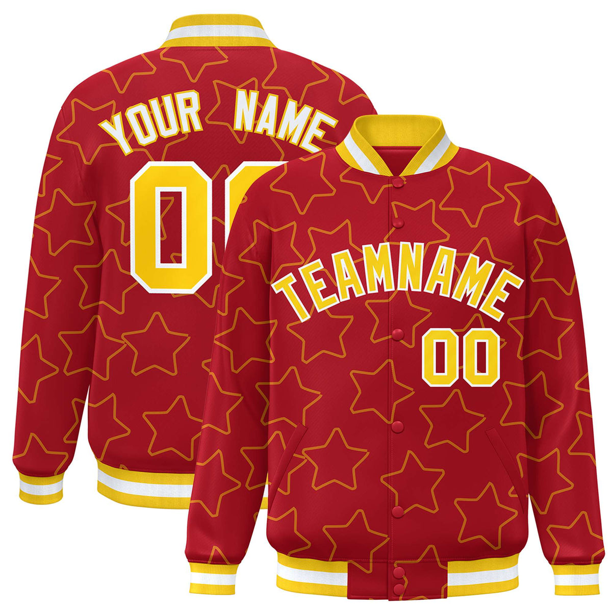 Custom Red Gold-White Varsity Full-Snap Star Pattern Letterman Baseball Jacket