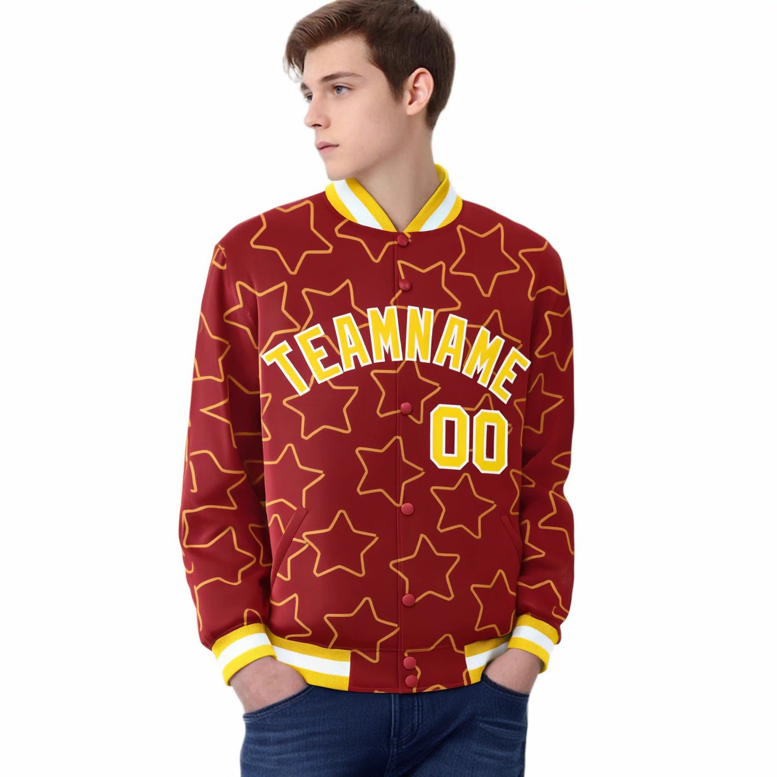 Custom Red Gold-White Varsity Full-Snap Star Pattern Letterman Baseball Jacket