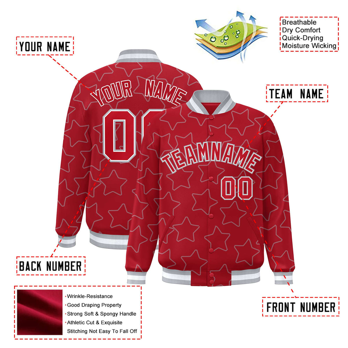 Custom Red Red-White Varsity Full-Snap Star Pattern Letterman Baseball Jacket