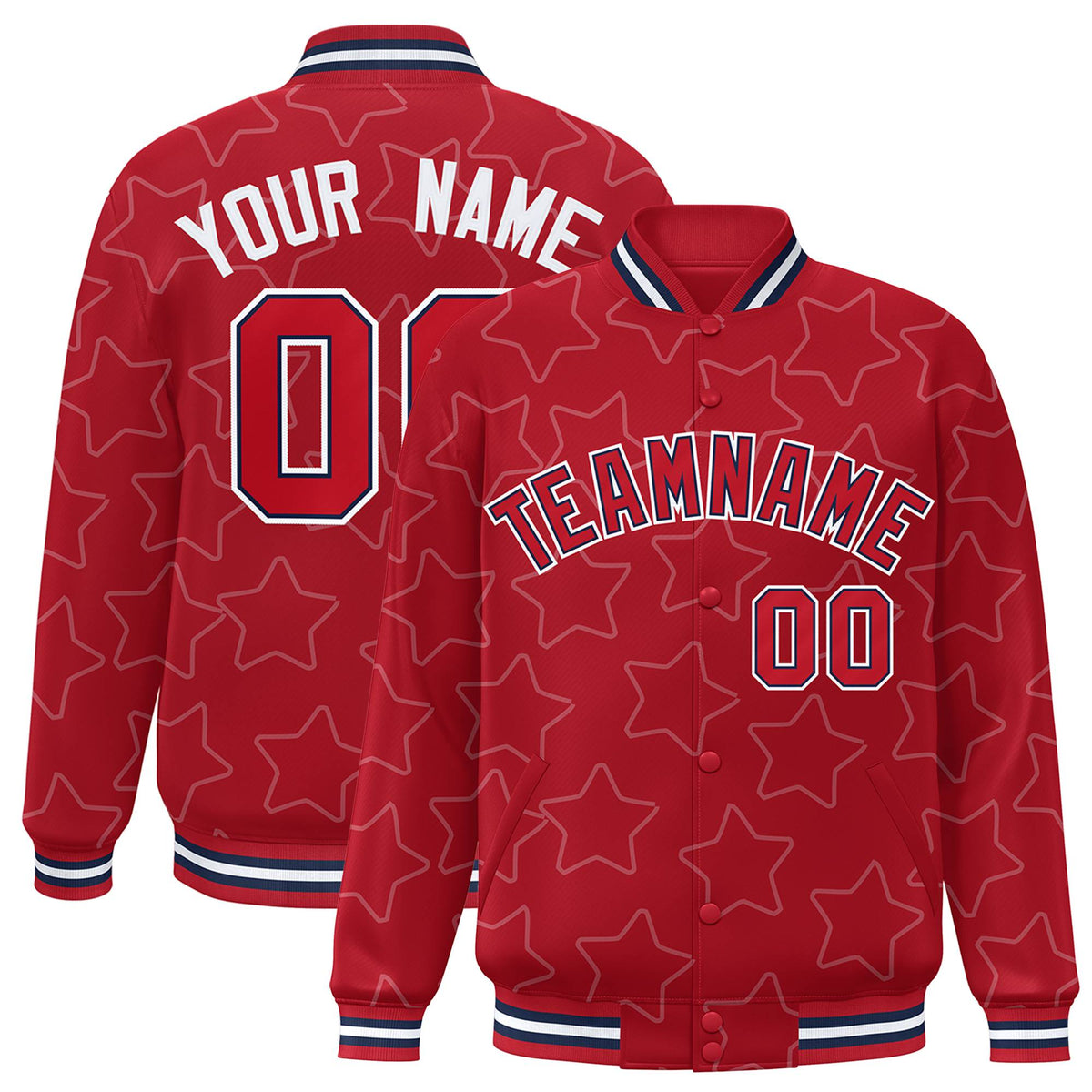 Custom Red Red-Navy Varsity Full-Snap Star Pattern Letterman Baseball Jacket
