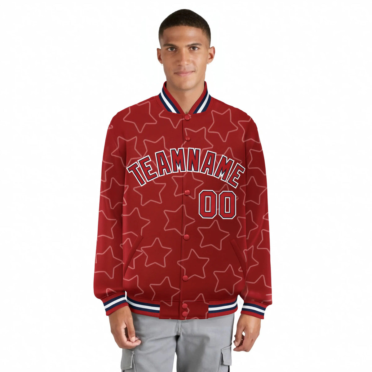 Custom Red Red-Navy Varsity Full-Snap Star Pattern Letterman Baseball Jacket