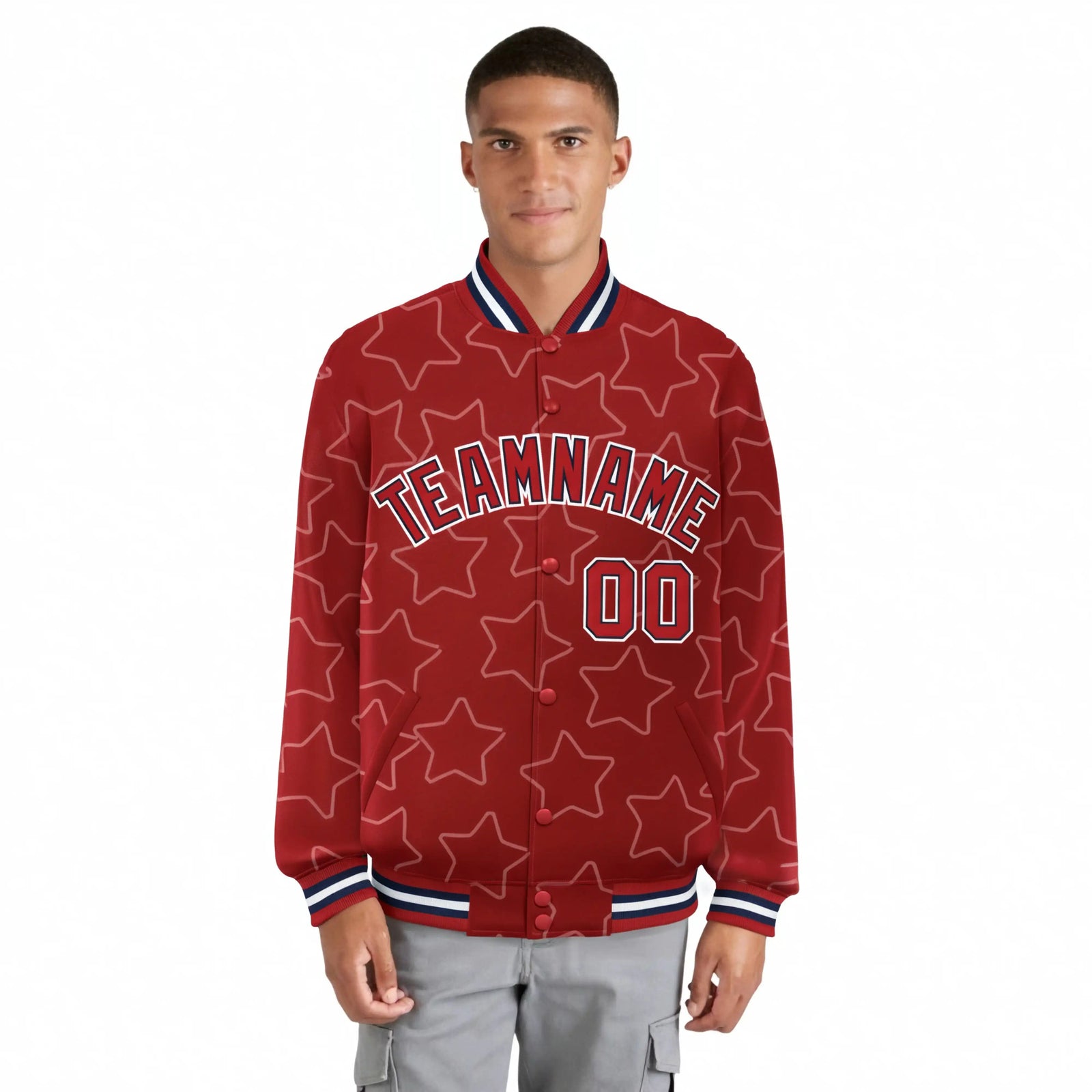 Custom Red Red-Navy Varsity Full-Snap Star Pattern Letterman Baseball Jacket
