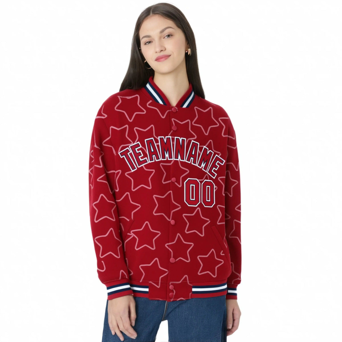 Custom Red Red-Navy Varsity Full-Snap Star Pattern Letterman Baseball Jacket