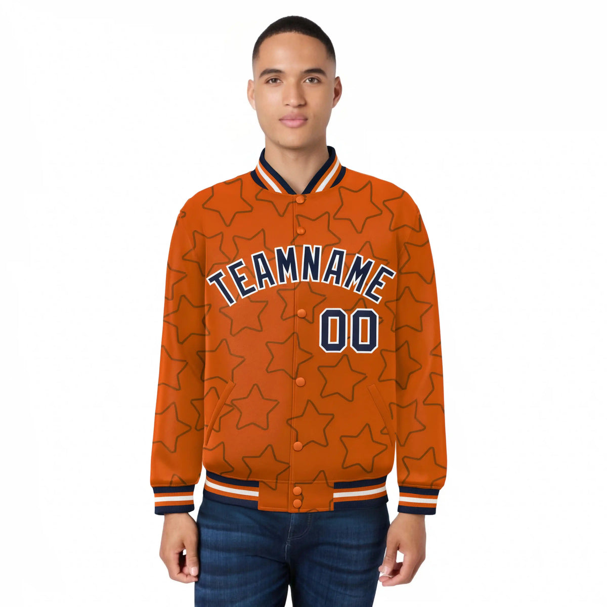 Custom Orange Navy-White Varsity Full-Snap Star Pattern Letterman Baseball Jacket