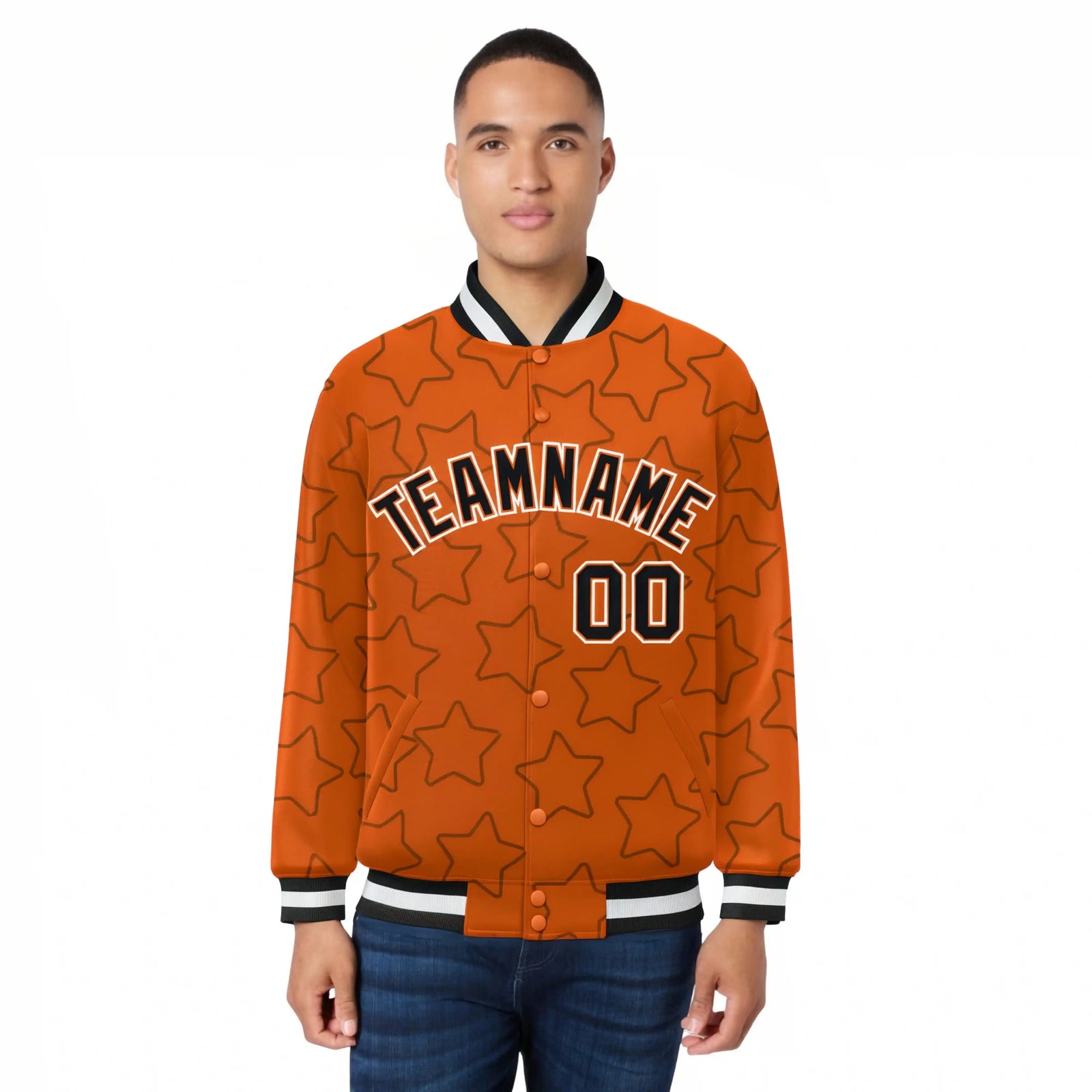 Custom Orange Black-White Varsity Full-Snap Star Pattern Letterman Baseball Jacket