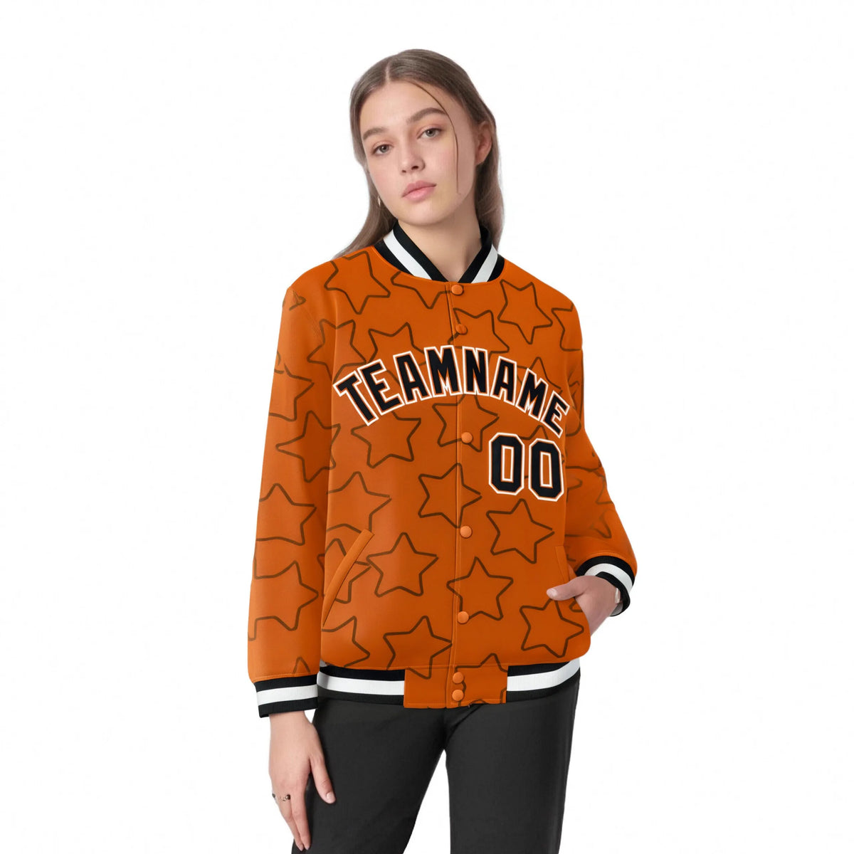 Custom Orange Black-White Varsity Full-Snap Star Pattern Letterman Baseball Jacket