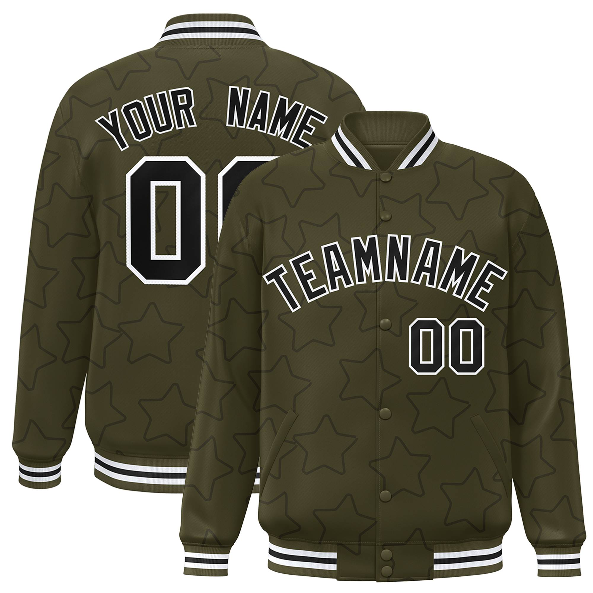 Custom Olive Black-White Varsity Full-Snap Star Pattern Letterman Baseball Jacket