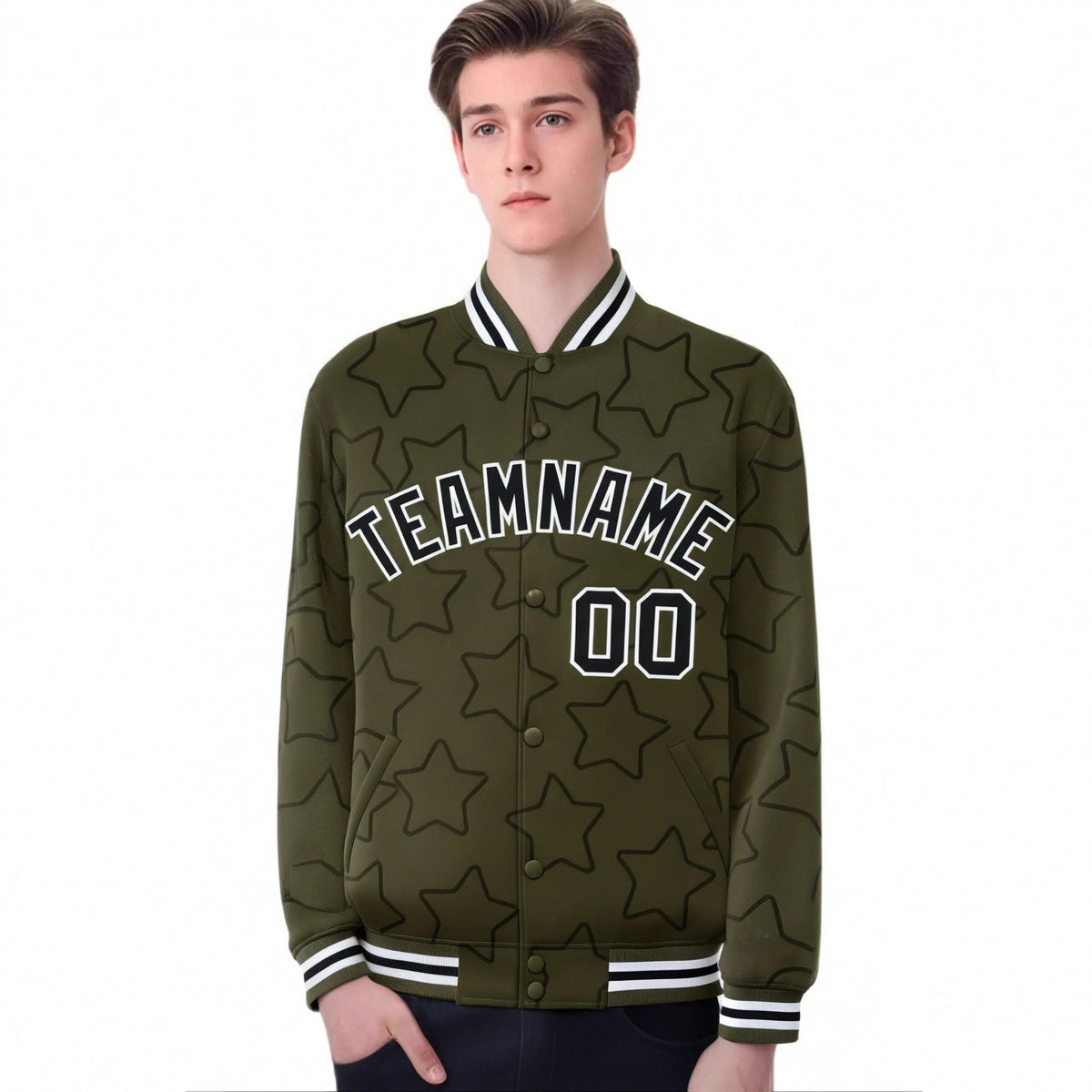 Custom Olive Black-White Varsity Full-Snap Star Pattern Letterman Baseball Jacket