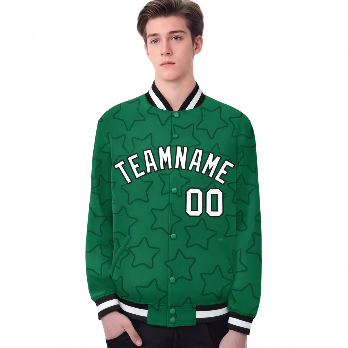 Custom Kelly Green White-Black Varsity Full-Snap Star Pattern Letterman Baseball Jacket