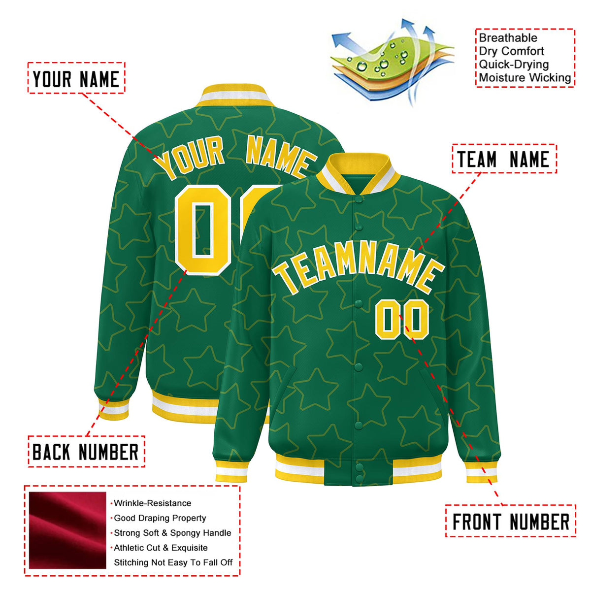 Custom Kelly Green Gold-White Varsity Full-Snap Star Pattern Letterman Baseball Jacket