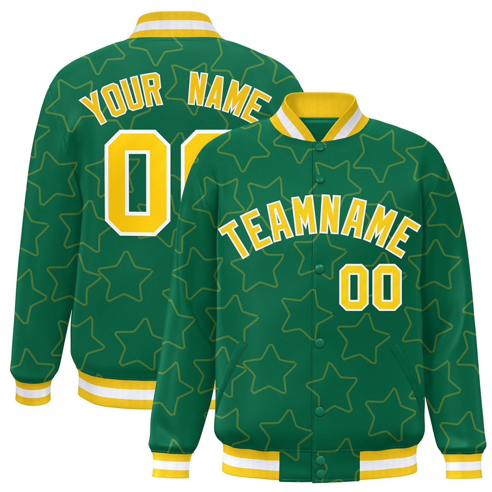 Custom Kelly Green Gold-White Varsity Full-Snap Star Pattern Letterman Baseball Jacket