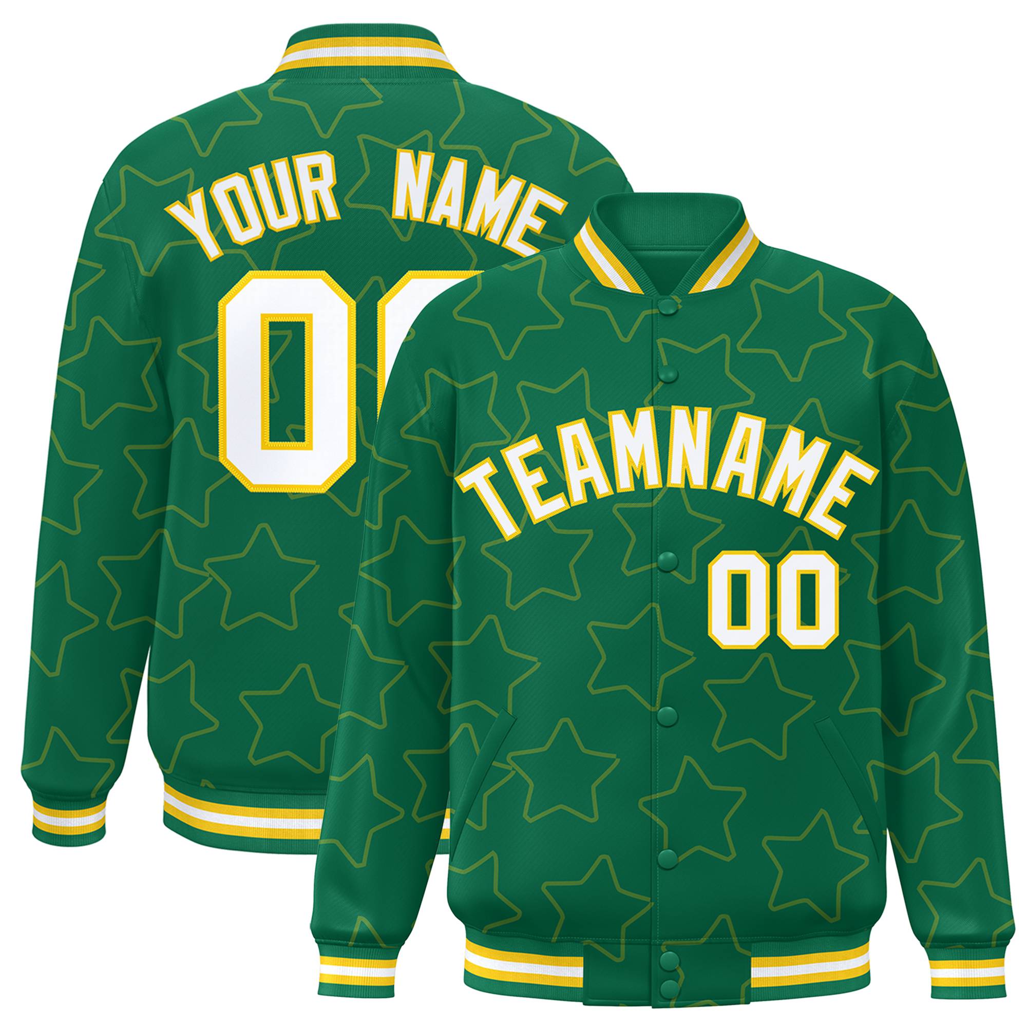 Custom Kelly Green White-Gold Varsity Full-Snap Star Pattern Letterman Baseball Jacket