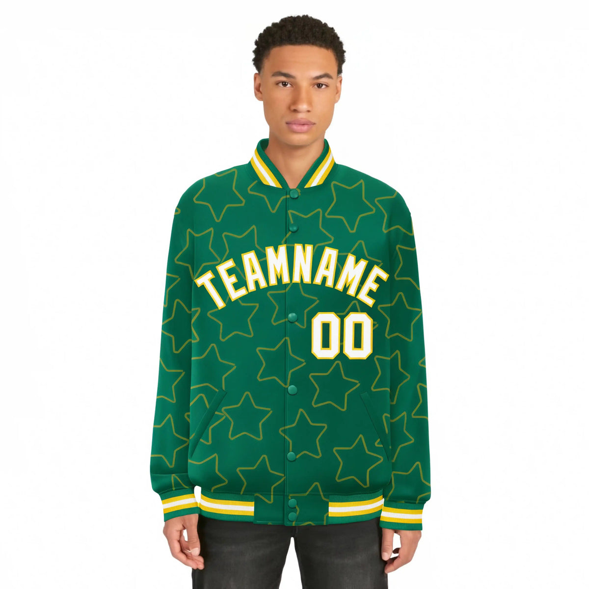 Custom Kelly Green White-Gold Varsity Full-Snap Star Pattern Letterman Baseball Jacket