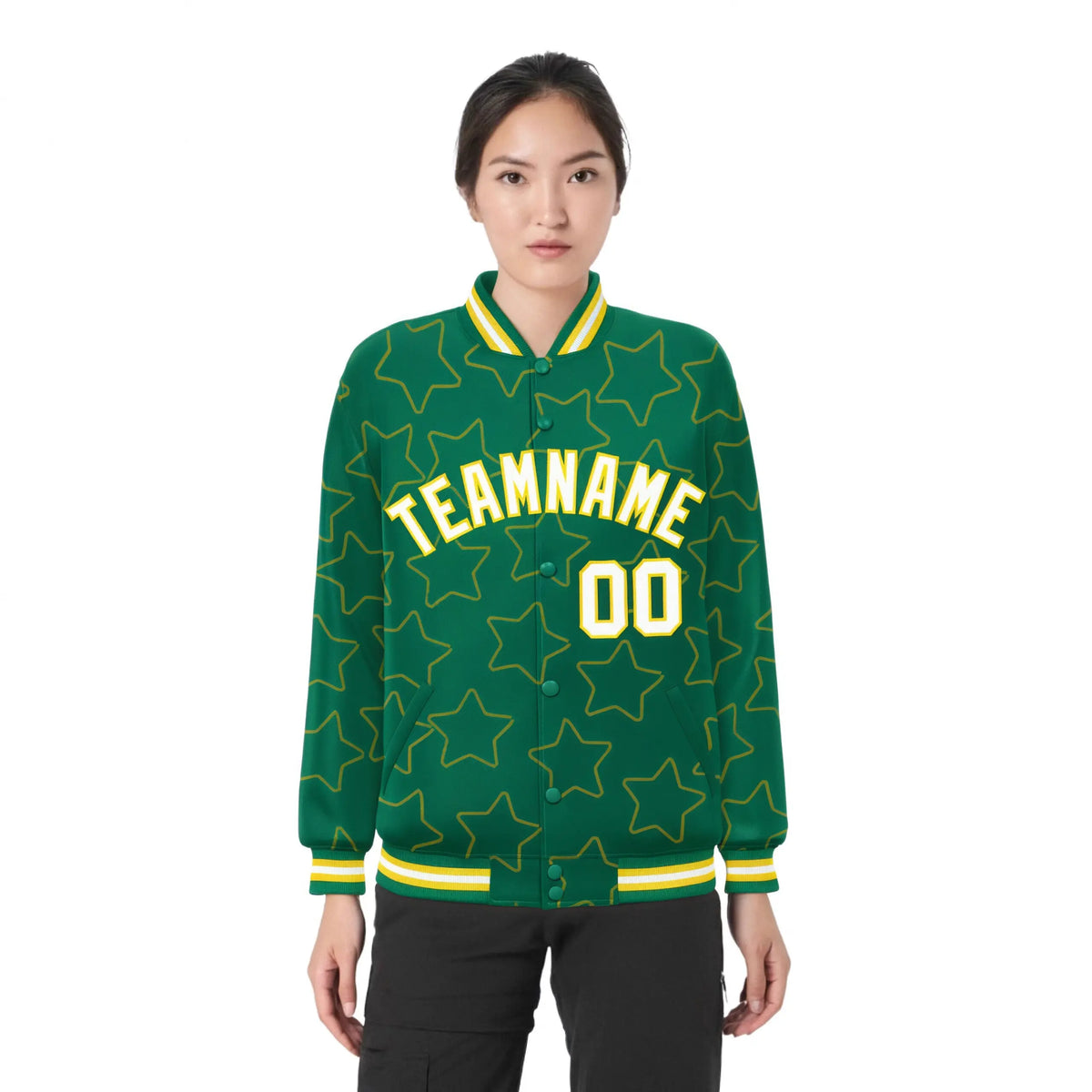 Custom Kelly Green White-Gold Varsity Full-Snap Star Pattern Letterman Baseball Jacket