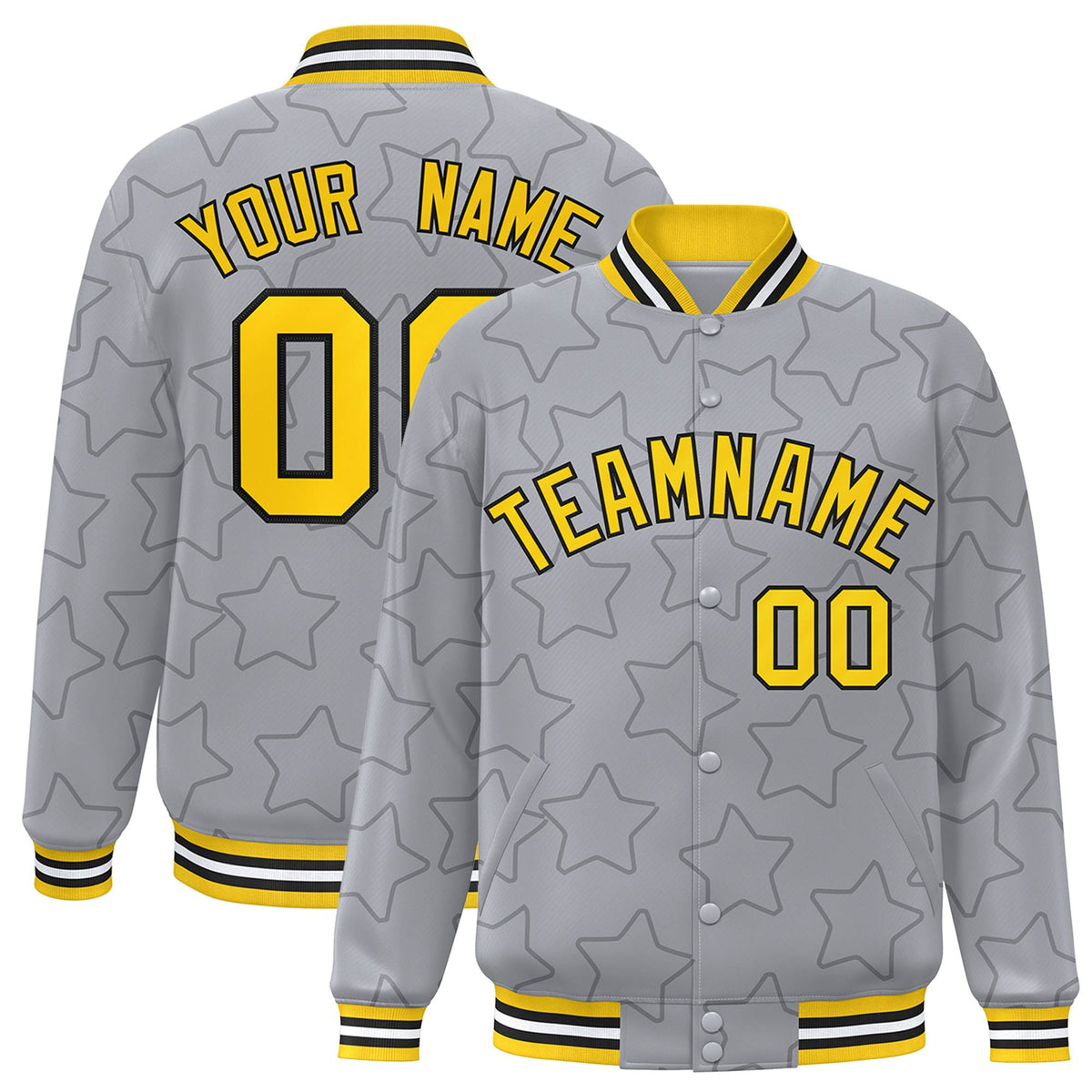 Custom Gray Old-Black Varsity Full-Snap Star Pattern Letterman Baseball Jacket