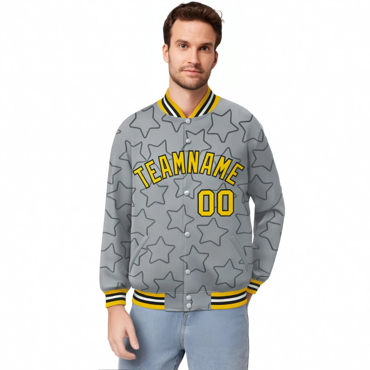 Custom Gray Old-Black Varsity Full-Snap Star Pattern Letterman Baseball Jacket