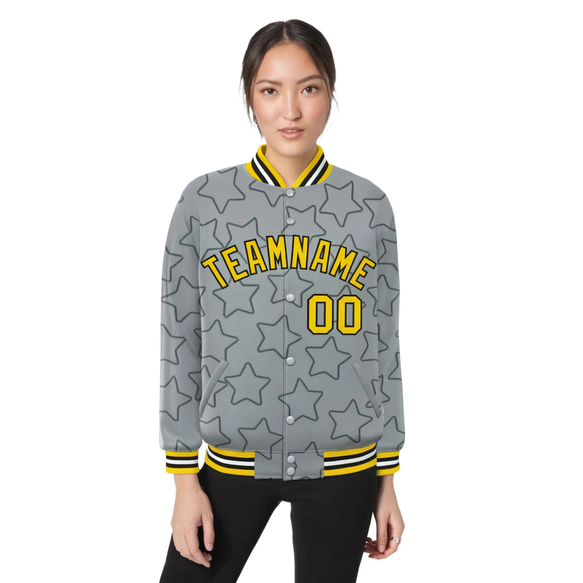 Custom Gray Old-Black Varsity Full-Snap Star Pattern Letterman Baseball Jacket