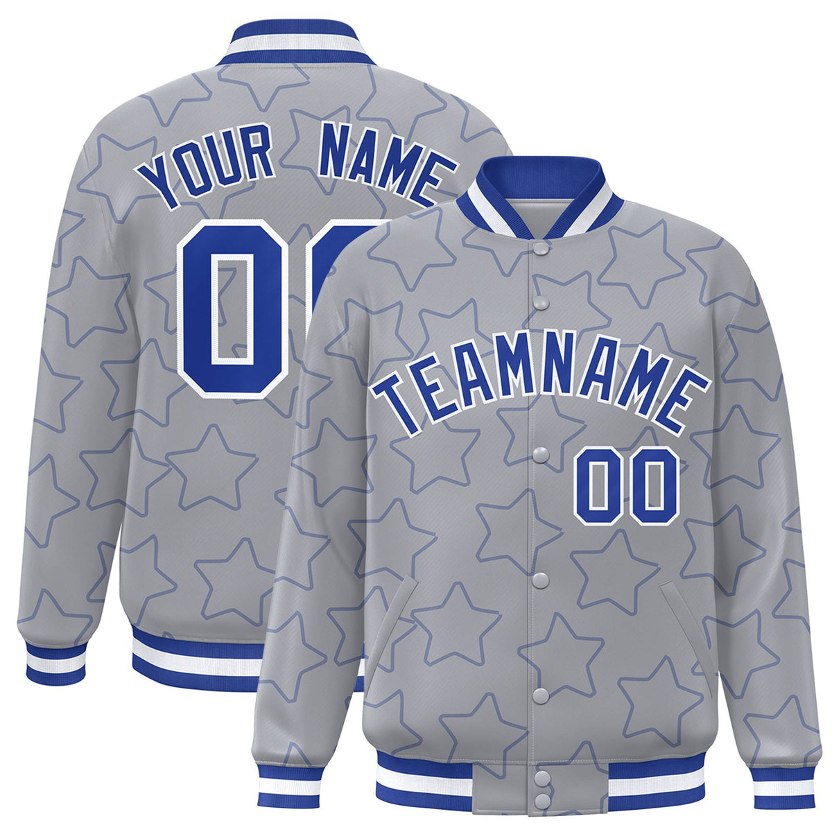 Custom Gray Royal Blue-White Varsity Full-Snap Star Pattern Letterman Baseball Jacket