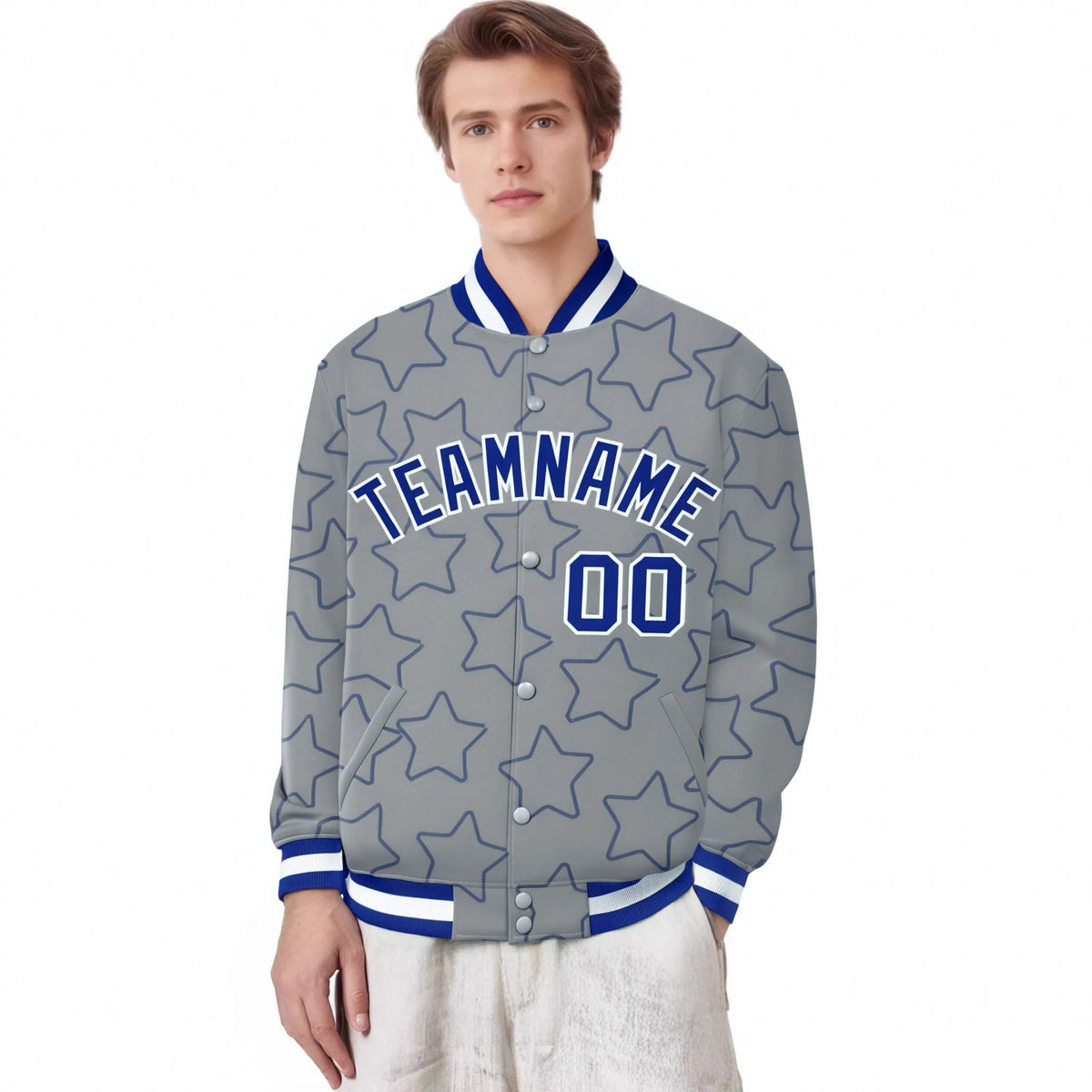 Custom Gray Royal Blue-White Varsity Full-Snap Star Pattern Letterman Baseball Jacket