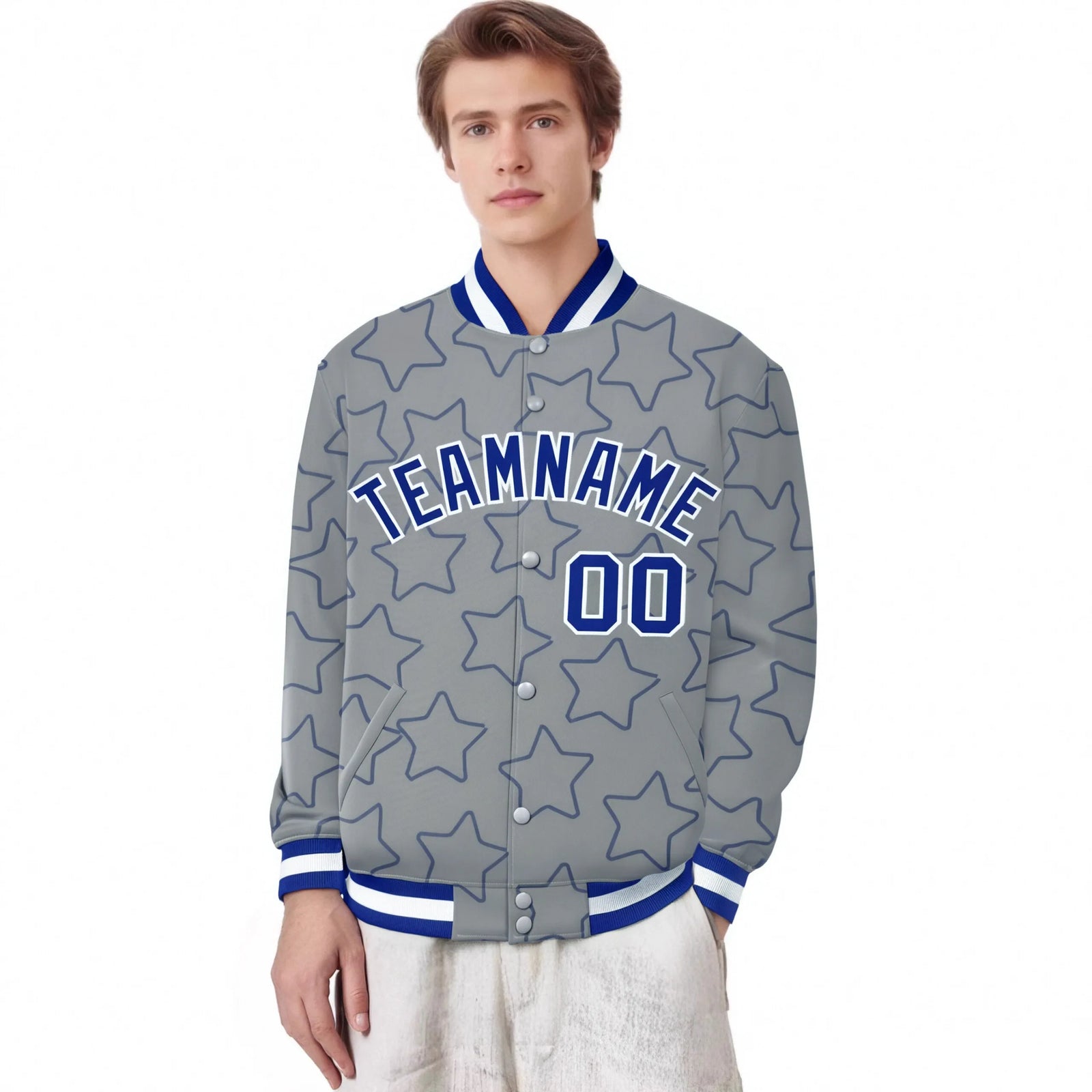 Custom Gray Royal Blue-White Varsity Full-Snap Star Pattern Letterman Baseball Jacket