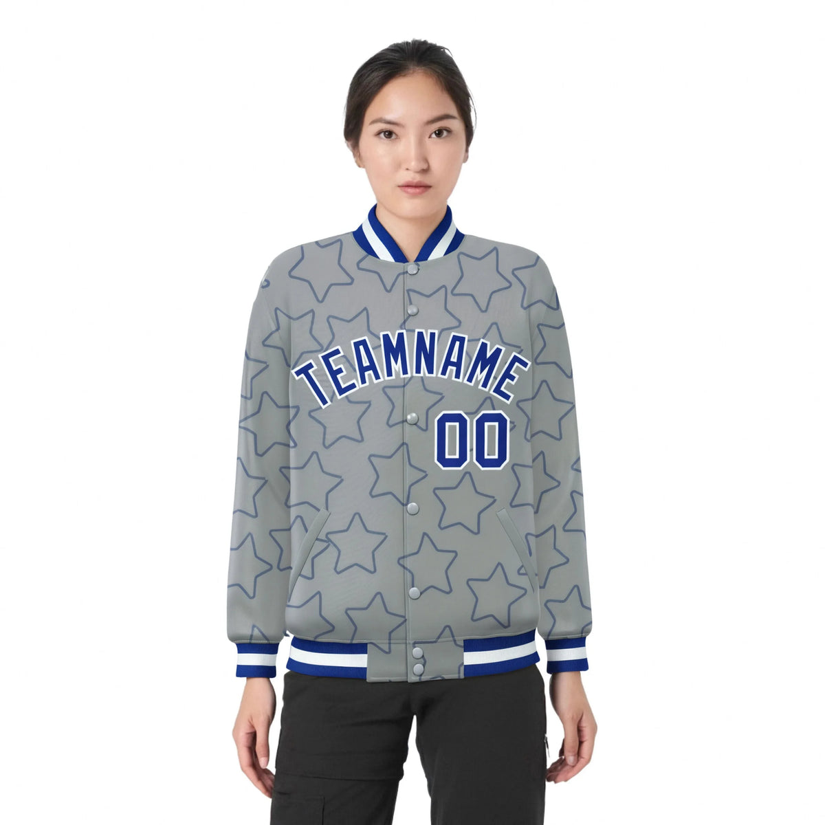 Custom Gray Royal Blue-White Varsity Full-Snap Star Pattern Letterman Baseball Jacket