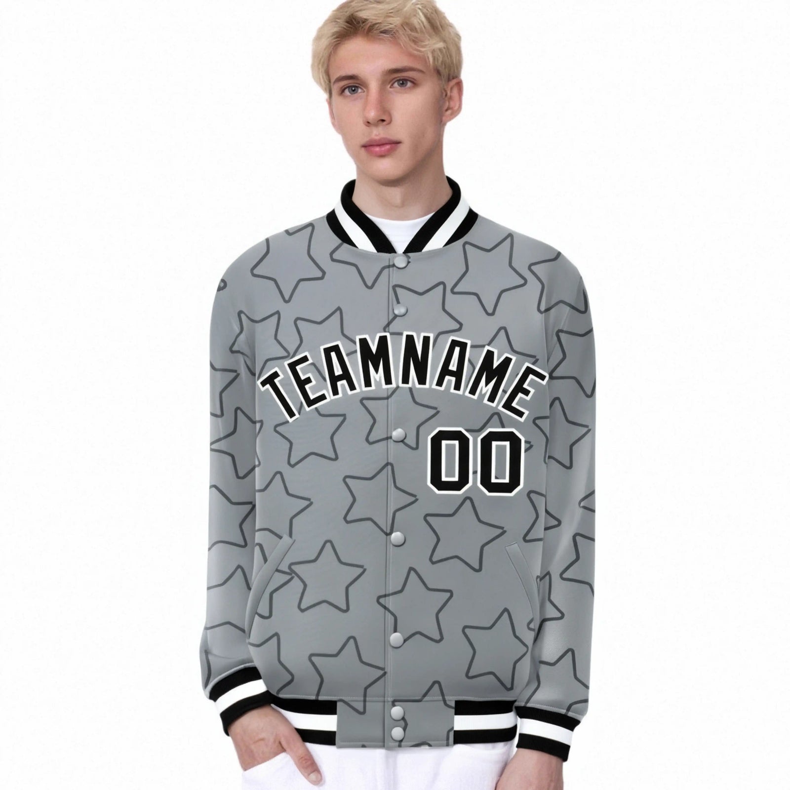 Custom Gray Black-White Varsity Full-Snap Star Pattern Letterman Baseball Jacket