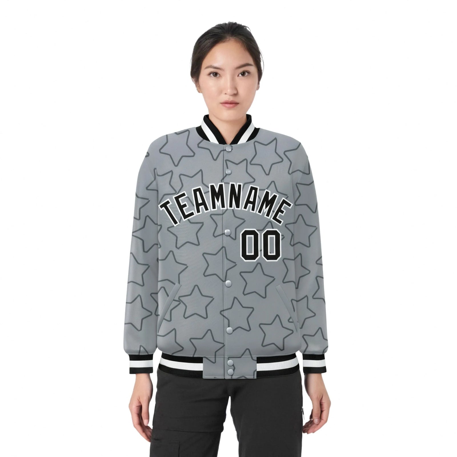Custom Gray Black-White Varsity Full-Snap Star Pattern Letterman Baseball Jacket