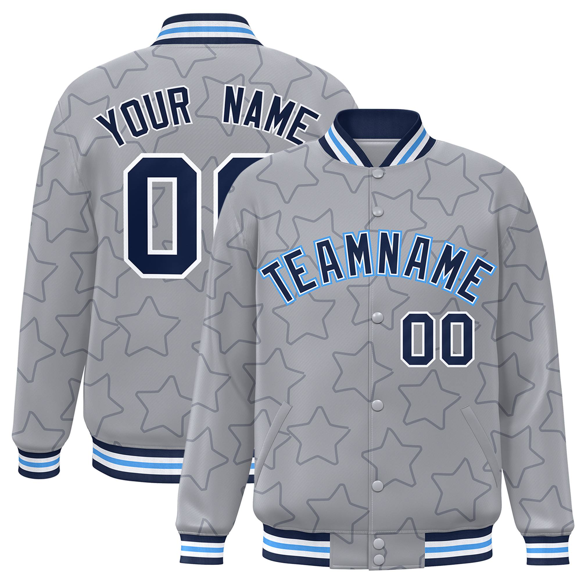 Custom Gray Navy-White Varsity Full-Snap Star Pattern Letterman Baseball Jacket