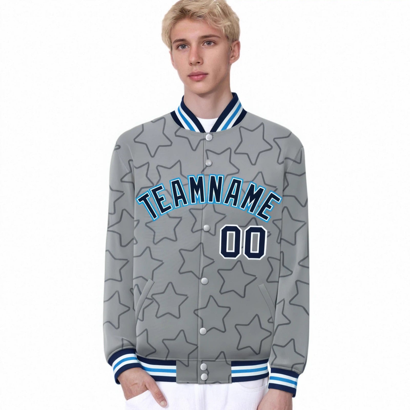 Custom Gray Navy-White Varsity Full-Snap Star Pattern Letterman Baseball Jacket