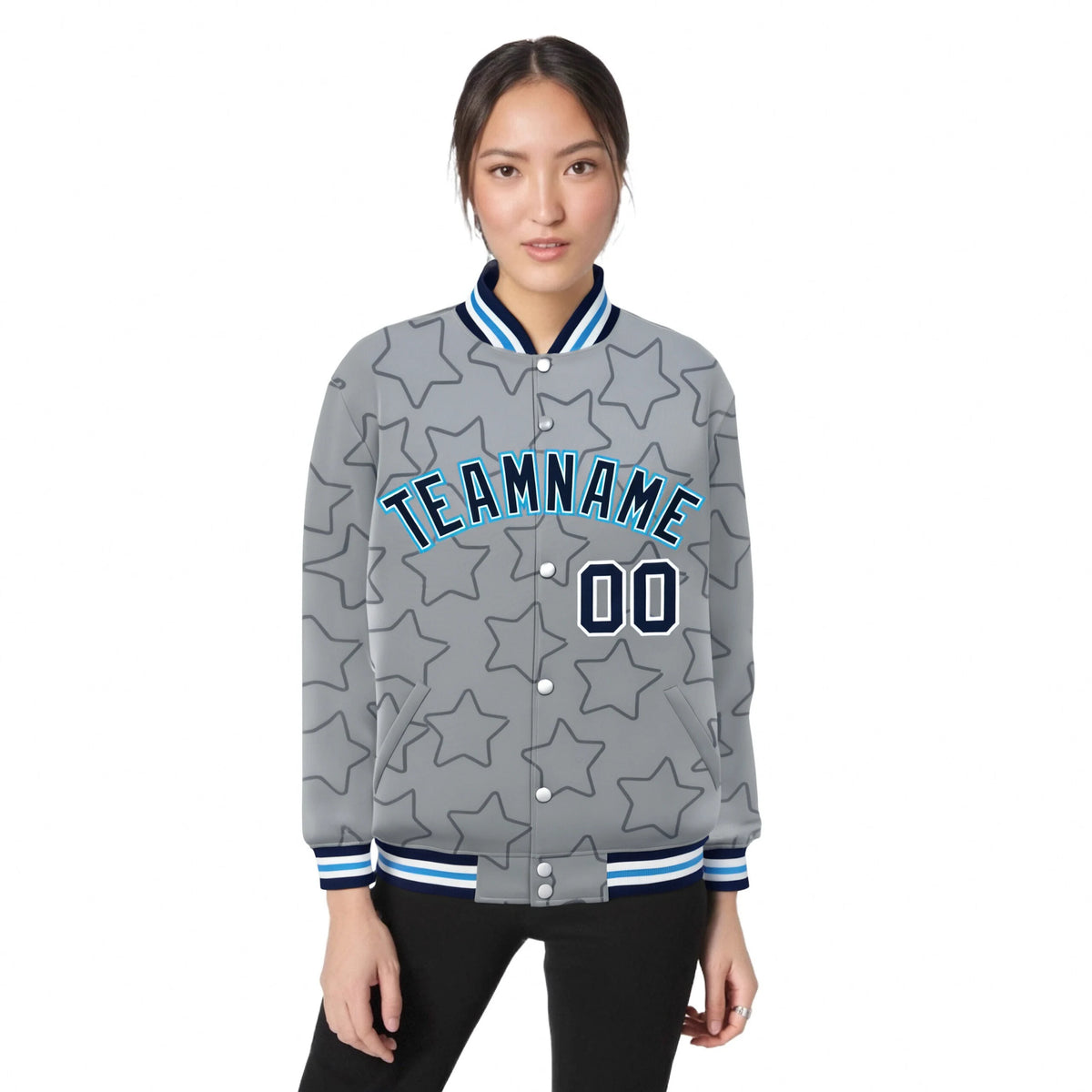 Custom Gray Navy-White Varsity Full-Snap Star Pattern Letterman Baseball Jacket