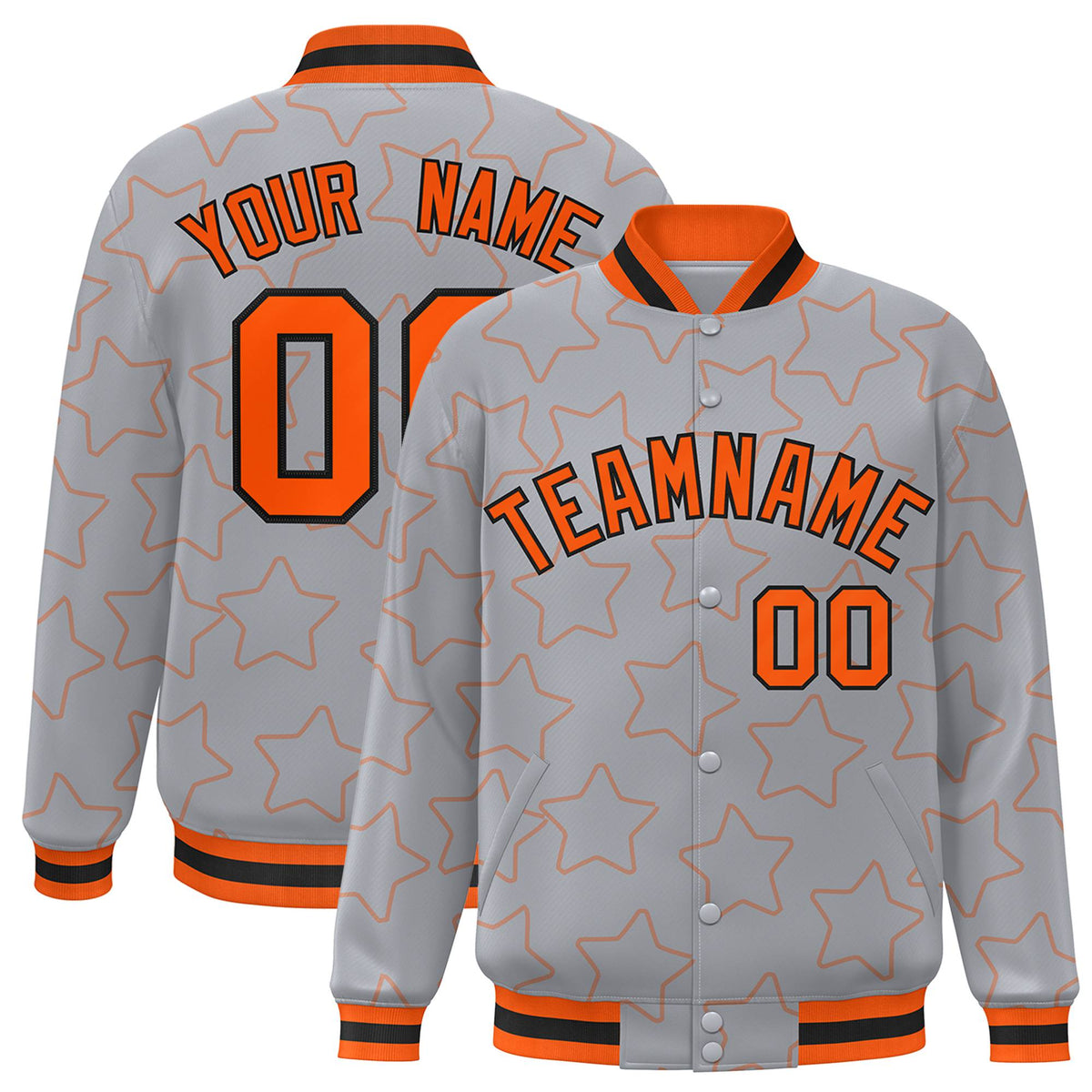 Custom Gray Orange-Black Varsity Full-Snap Star Pattern Letterman Baseball Jacket