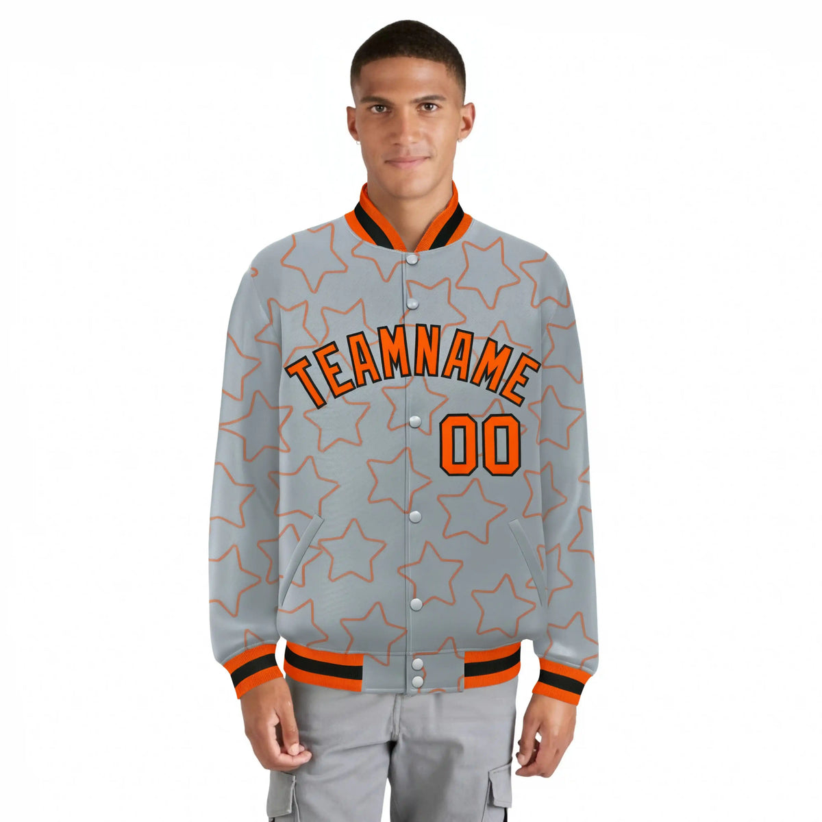 Custom Gray Orange-Black Varsity Full-Snap Star Pattern Letterman Baseball Jacket