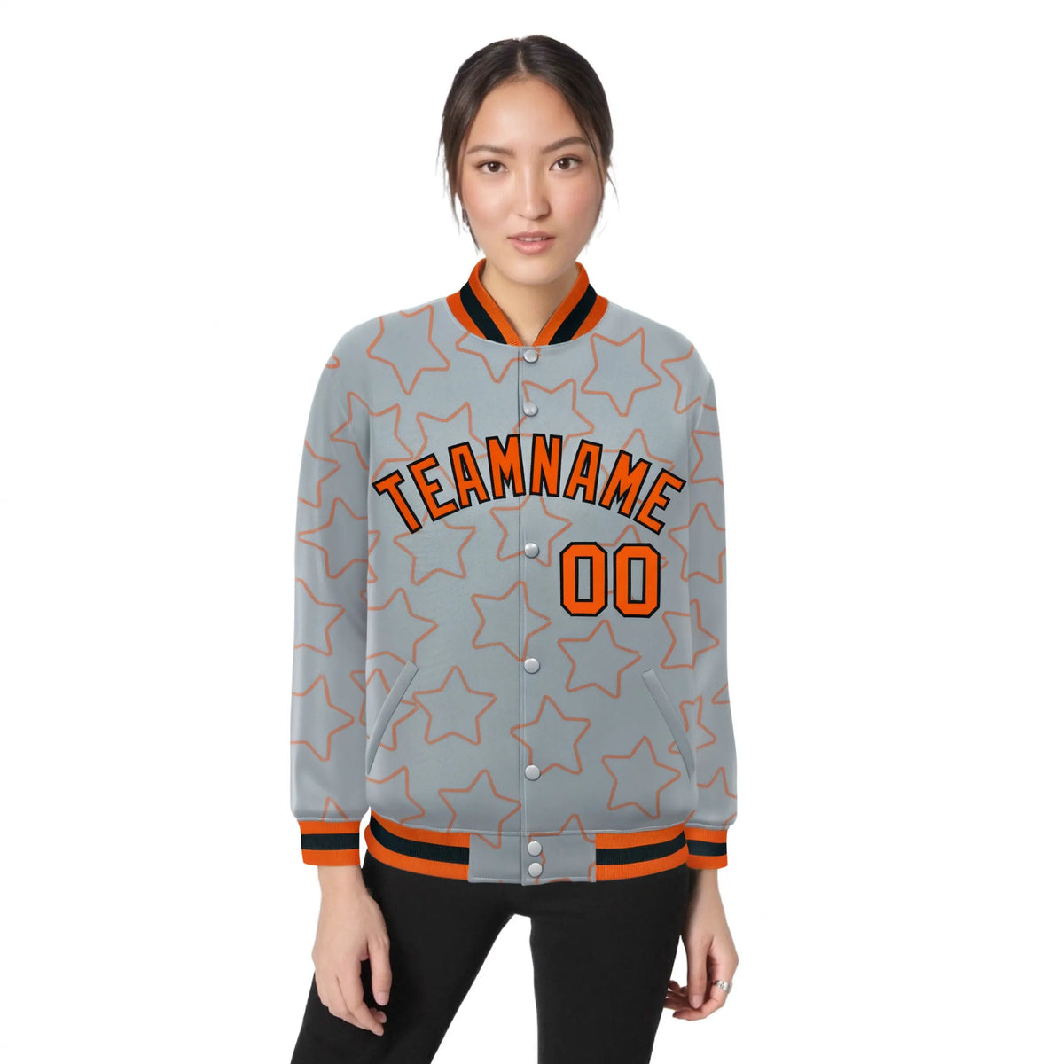Custom Gray Orange-Black Varsity Full-Snap Star Pattern Letterman Baseball Jacket