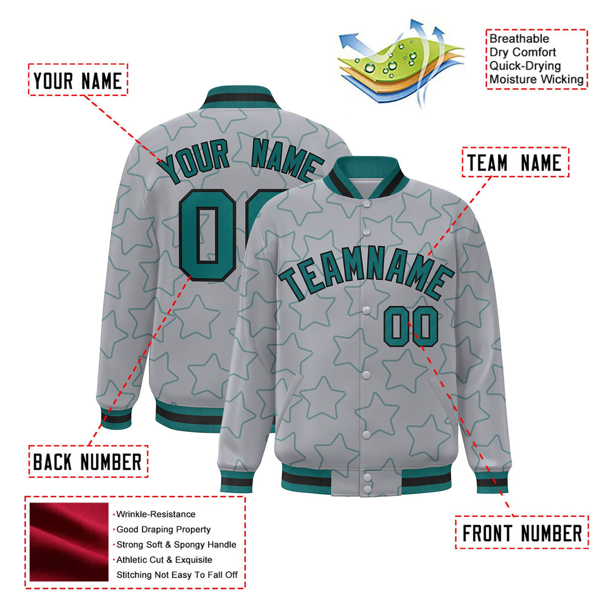 Custom Gray Aqua-Black Varsity Full-Snap Star Pattern Letterman Baseball Jacket