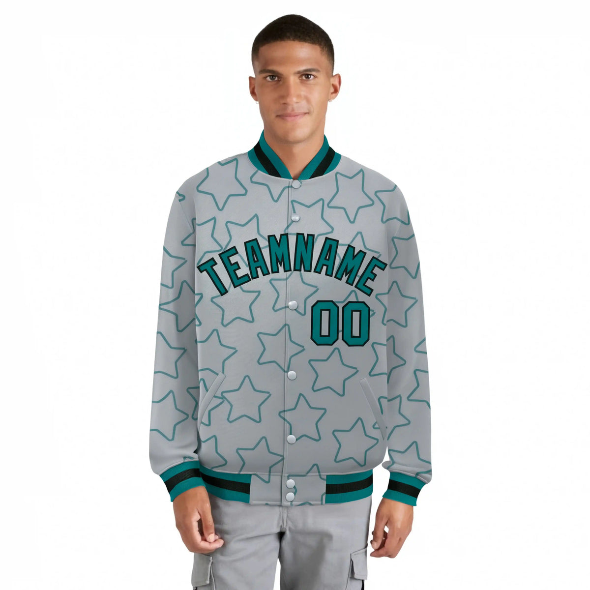 Custom Gray Aqua-Black Varsity Full-Snap Star Pattern Letterman Baseball Jacket
