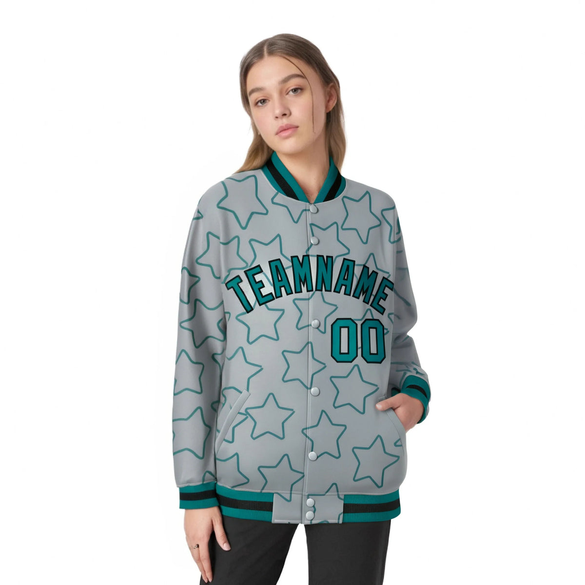 Custom Gray Aqua-Black Varsity Full-Snap Star Pattern Letterman Baseball Jacket