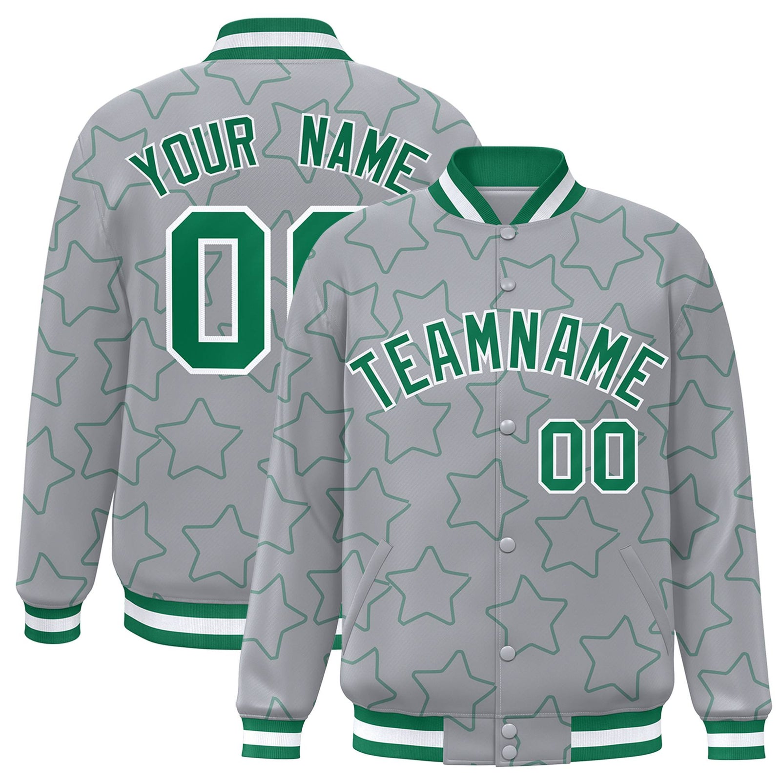 Custom Gray Kelly Green-White Varsity Full-Snap Star Pattern Letterman Baseball Jacket