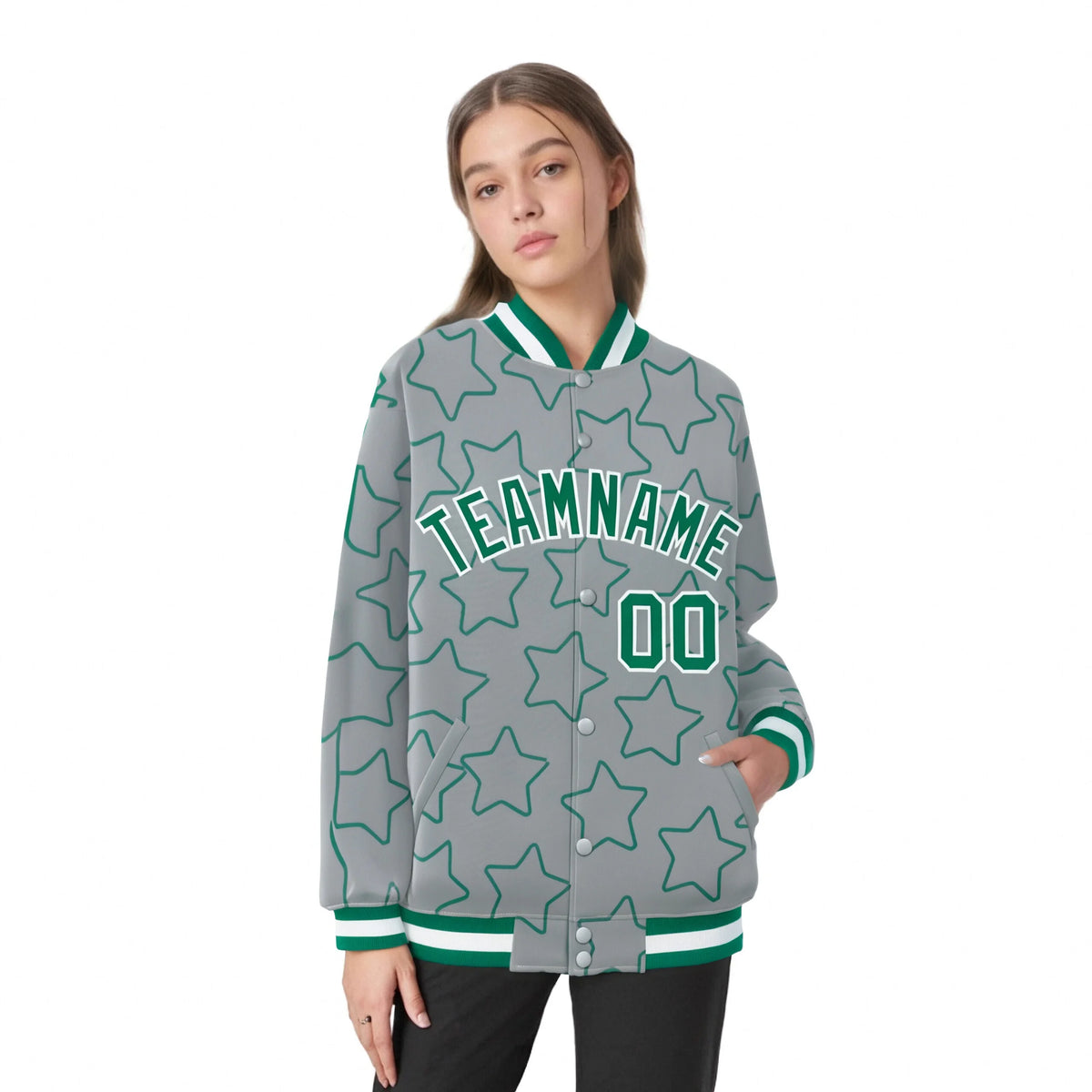 Custom Gray Kelly Green-White Varsity Full-Snap Star Pattern Letterman Baseball Jacket