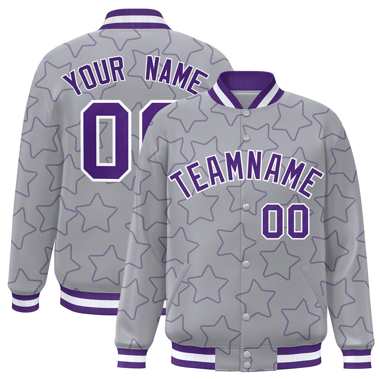 Custom Gray Purple-White Varsity Full-Snap Star Pattern Letterman Baseball Jacket
